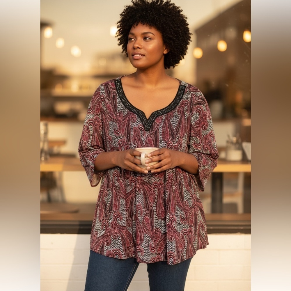 Catherines Women’s Plus Size 2X Pink and Black Paisley Beaded Neckline Tunic